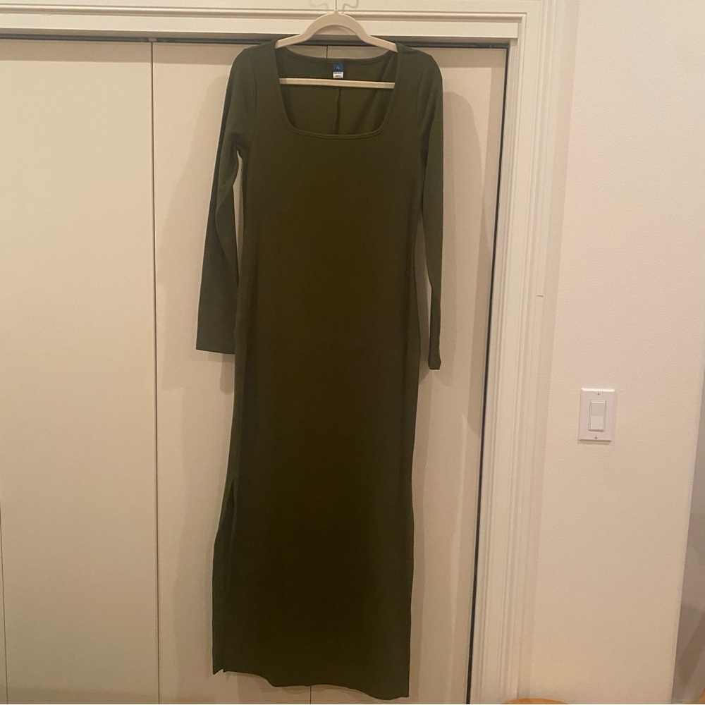 Olive Green Ribbed Fitted Long Sleeve Dress